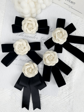 Black Camellia Bow Tie Brooch, Minimalist Vintage Collar Flower Bowknot Lapel Pin Accessory, Elegant Ribbon Steady Decoration For Black Outfit