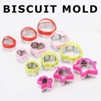 12pcs/3pcs Stainless Steel Cookie Cutters With Handles, Star, Heart, Round, Flower Shapes, 3 Pieces Set, DIY Baking Kitchen Tools; Plastic & Stainless Steel Cake Molds With Handles; Baking Tools Stainless Steel Plastic Embossed Cookies, Moon Shaped Fruit Cutter