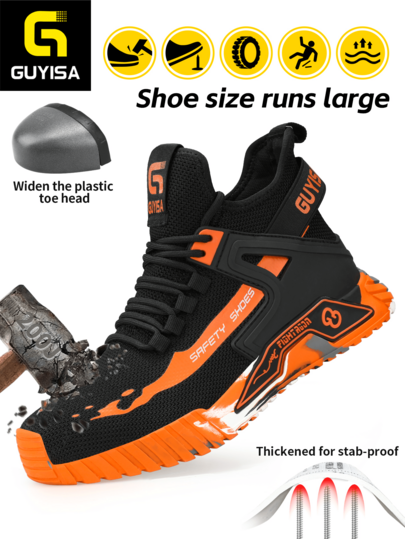 GUYISA Modische schwarz & orange Camouflage Sicherheitsschuhe, durchstoßsicher, durchtrittfest, atmungsaktiv, weich, geeignet für alle Jahreszeiten, Arbeit & Sport (zufälliges Camouflage Sohlendesign), (dünnes Gewebe Material, bitte eine Nummer kleiner bestellen)