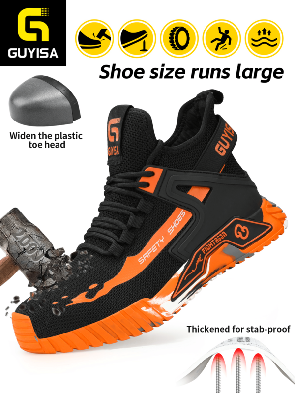 GUYISA Scarpe di alla moda in nero e arancione mimetico, anti-schiacciamento, anti-perforazione, traspiranti, morbide, adatte per tutte le stagioni, lavoro e sport (disegno casuale del suolo mimetico), (materiale in tessuto sottile, si prega di ordinare una taglia in meno)