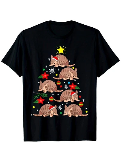 Camiseta de Algodón 100% con Diseño de Árbol de Navidad de Armadillo Caprichoso - Regalo Perfecto para Zoológico, Transpirable y Cómoda, Manga Corta, Cuello Redondo, Negra, Tallas S-XXXL