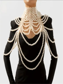 1pc Handmade Woven White Faux Pearl Necklace, Unisex Body Chain, Women's Beaded Necklace, Fashion Jewelry For Wedding, Party, Carnival, Runway Show, Gift - White - View 9