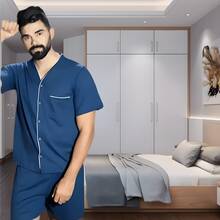 Men's Short Summer Open Button Pajamas - Navy Blue - View 5