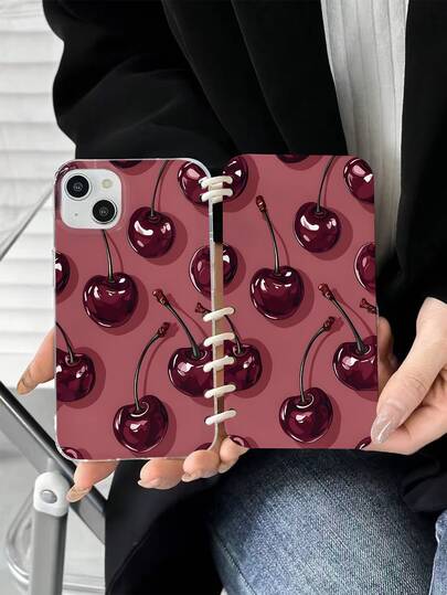 1pc Fashion Cherry Pattern Flip Cover Notebook Style Full Body Phone Case, Compatible With Apple IPhone17 17AIR 17Pro 17promax 16/16PRO/16PLUS/16PROMAX/11/12/13/14/15, Soft TPU Shock-Proof Protective Cover, Great Gift For Friends, Classmates, Girlfriend