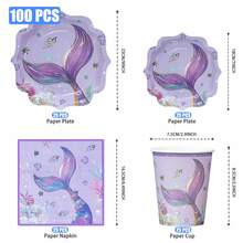 25件套紫色美人鱼尾巴花瓣造型海洋主题一次性餐盘、餐巾纸和杯子，适合25位客人，一次性纸盘派对用品，适用于生日、婚礼、聚会、家庭野餐 - 彩色 - 查看 2