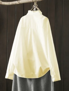 Women's Casual Solid Color Mandarin Collar Shirt, Autumn - Light Yellow - View 2