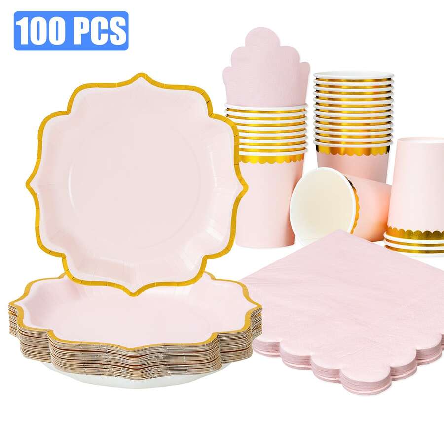 一套浅粉色箔纸花边花瓣形一次性餐盘、餐巾纸和纸杯，适合25位客人使用，一次性纸盘派对用品，适用于生日、婚礼、派对、家庭野餐等场合。 - 彩色 - 查看 1