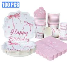 Rosa Schleife Geburtstags Blumen Einweg Teller, Servietten und Becher, geeignet für 25 Gäste, Einweg Pappteller Partyzubehör für Geburtstag, Hochzeit, Party, Familien-Picknick - Verschiedenfarbig - Übersicht 1