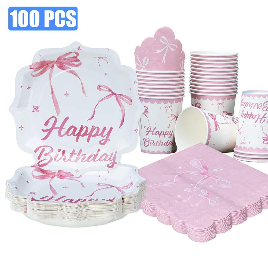 Rosa Schleife Geburtstags Blumen Einweg Teller, Servietten und Becher, geeignet für 25 Gäste, Einweg Pappteller Partyzubehör für Geburtstag, Hochzeit, Party, Familien-Picknick - Verschiedenfarbig - Übersicht 1