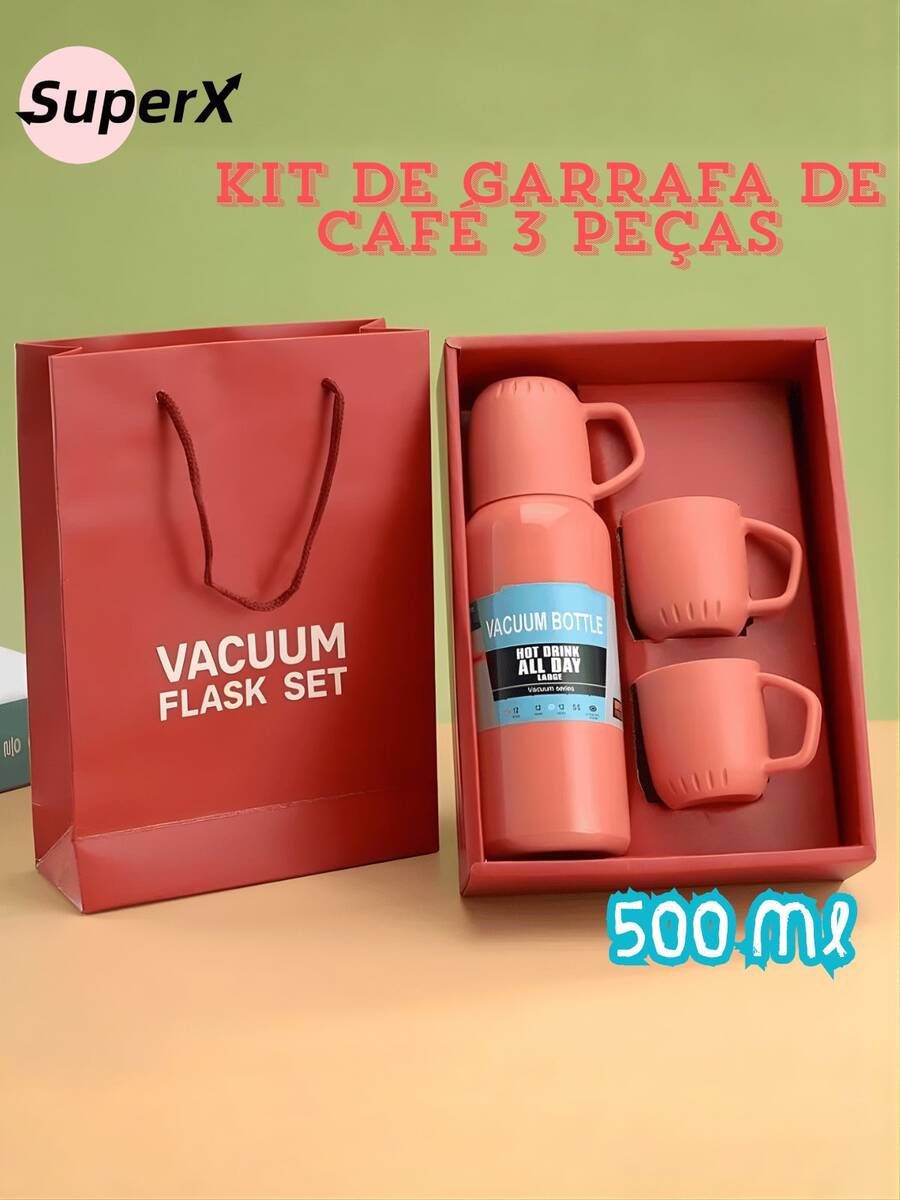 Kit Garrafa Térmica Café Aço Inox 500ML Com 3 Xícaras Com Tampa bebida quante ou gelada