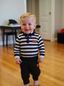 2 件套幼儿男童条纹领长袖上衣和休闲裤，适合秋冬季日常穿着 - 黑色 - 查看 11