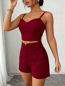 Women's Cropped Top And Tailored Shorts Set, Lina Moda, Sizes P, M, G - 酒紅色 - 查看 2