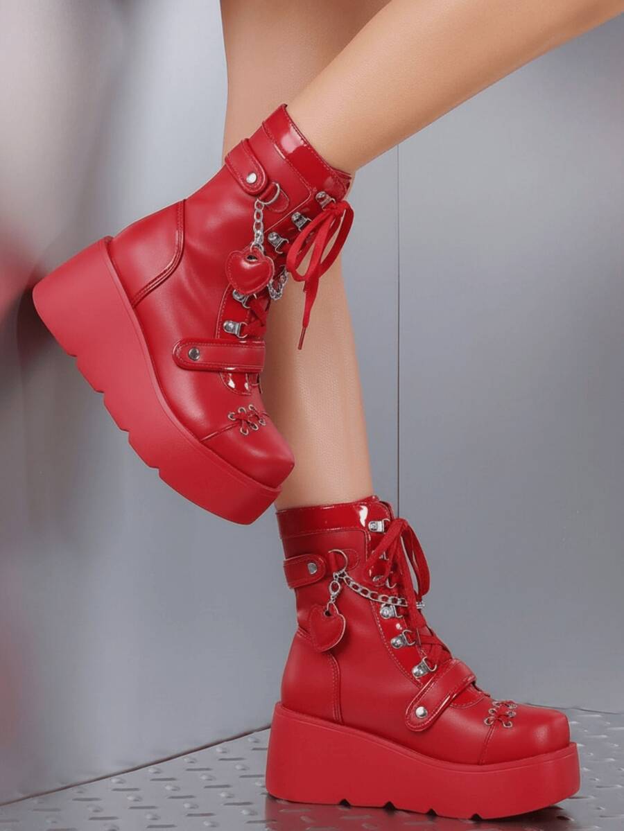 Goth Punk Women's Chain Platform Boots Platform Wedge Ankle Boots Goth Patent Lace Up Boot Chain Strappy Booties Lace Up&Zipper Combat Boots - 紅色 - 查看 1