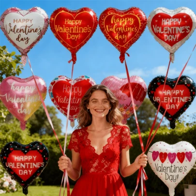 10个18英寸情人节快乐心形铝箔气球，情人节派对装饰，适合约会、表白、周年纪念庆祝活动