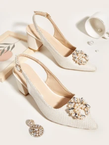 Pointed-Toe Mary Jane Women Heel Shoes, 2025 Spring/Autumn New Faux Pearl Buckle Decoration Fashion Flats,Elegant - Beige - View 14