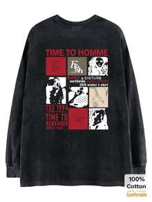 Oversized Vintage Black Washed Cotton Long Sleeve T-Shirt, Loose & Slimming Design - Black - View 3