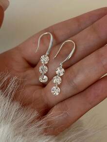 1对极简主义锆石圆形流苏耳环 - 銀色 - 查看 7