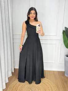 Long, Sleeveless Dress With Flower Detail On The Sleeve, Suitable For Weddings, Christmas, New Year's, And Parties. - 黑色 - 查看 1