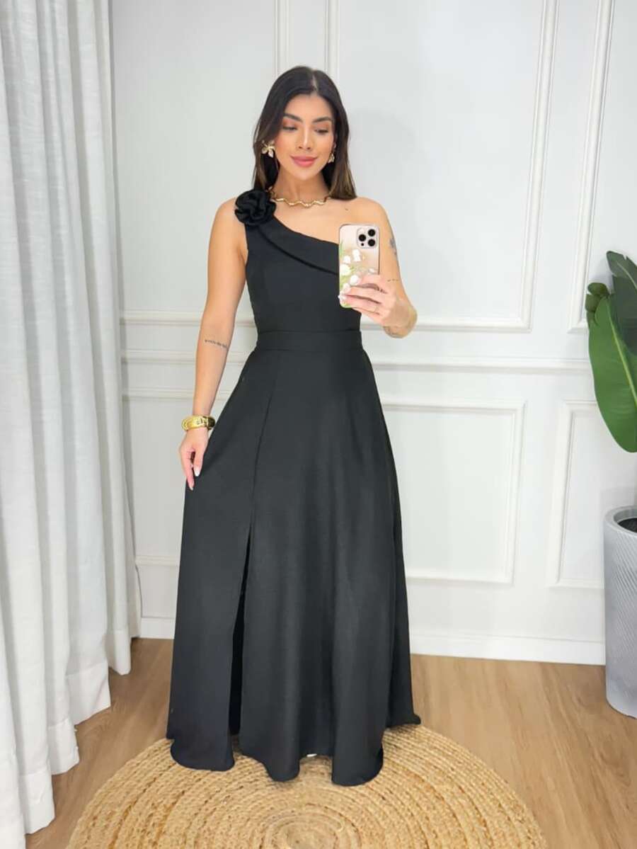 Long, Sleeveless Dress With Flower Detail On The Sleeve, Suitable For Weddings, Christmas, New Year's, And Parties. - 黑色 - 查看 1