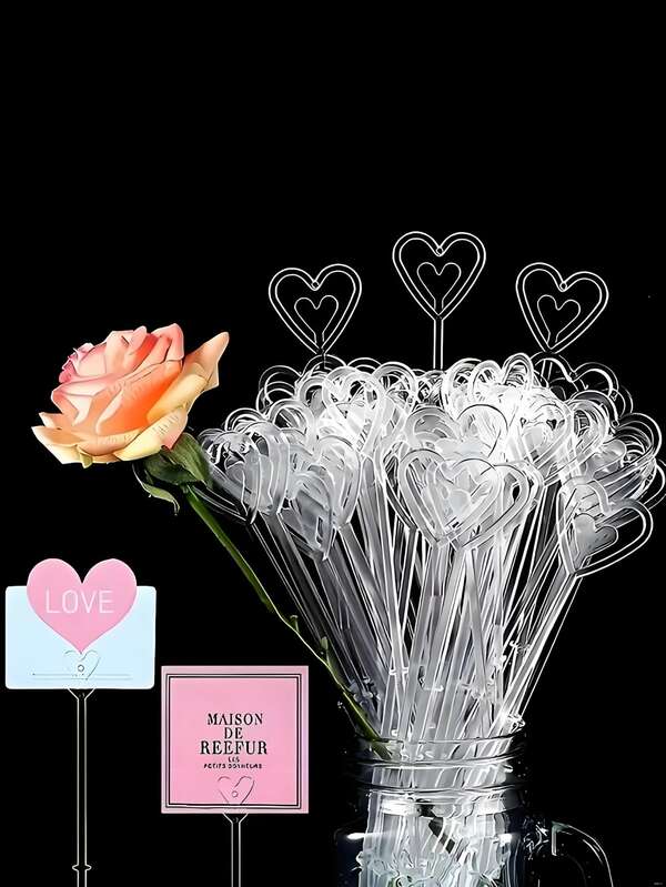 80pcs- Heart-Shaped Plastic Flower Stand, Plastic Flower Position Card Holder, Heart-Shaped Flower Label Photo Memento Stand, Suitable For Bouquet Decoration, Wedding Flower Stand Decoration, Photo Stand, Flower Stand Decoration Stand