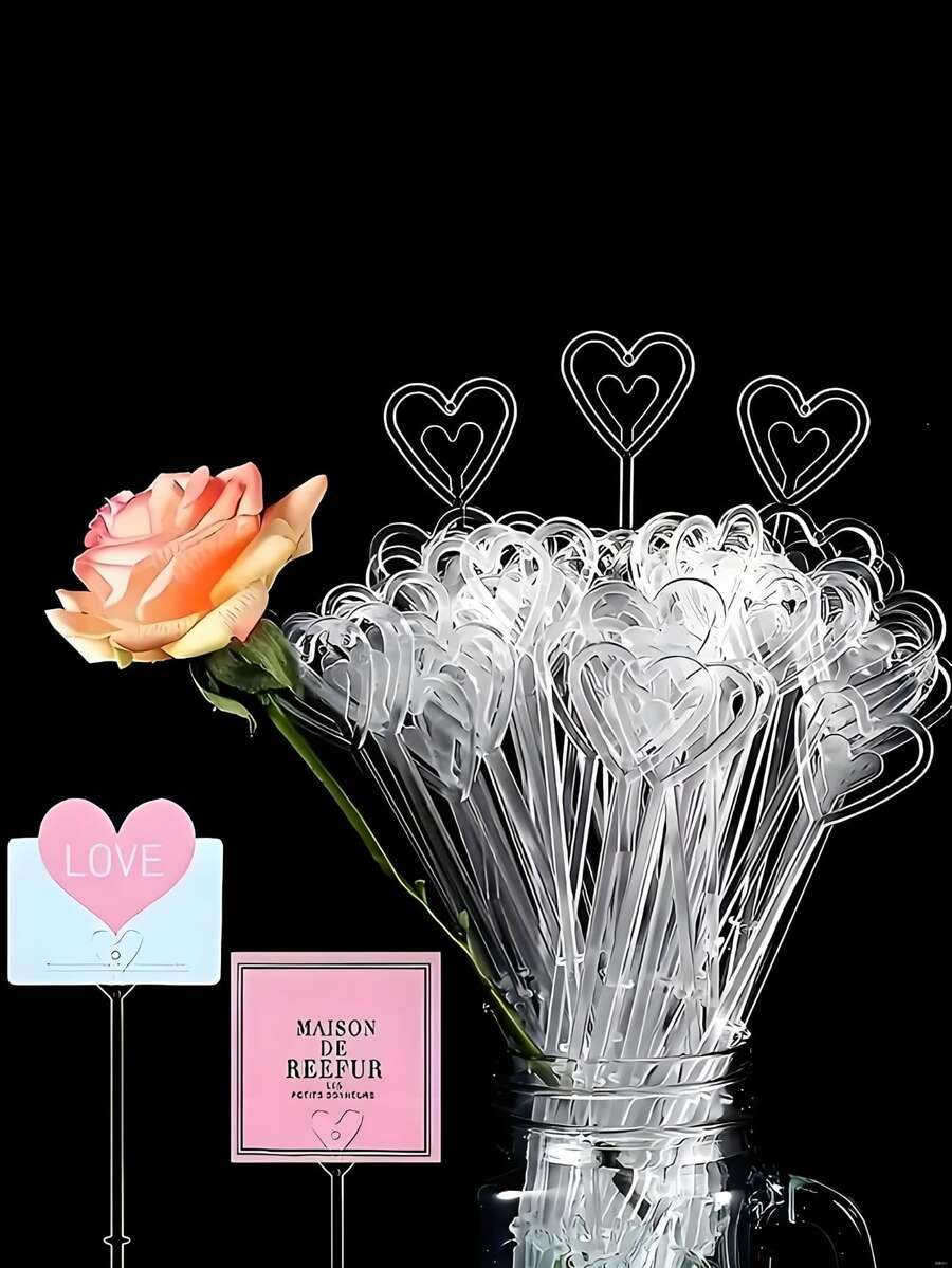 80 piezas - Soporte de flor de plástico con forma de corazón, Soporte de tarjeta de posición de flor de plástico, Soporte de etiqueta de flor con forma de corazón para recuerdo de foto, Adecuado para decoración de ramos, decoración de soporte de flores para bodas, soporte de fotos, decoración de soporte de flores - transparente - Ver 1