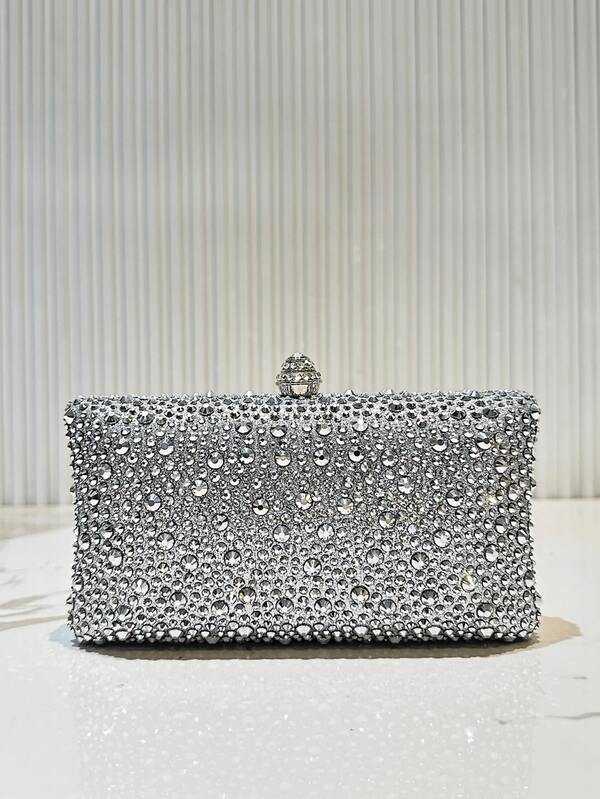 1 szt. TOREBKA NOCNA, srebrna, błyszcząca, dwustronna, kryształowa, mini torebka wieczorowa z metalowym łańcuszkiem, odpowiednia dla modnych i eleganckich kobiet, idealna na formalne spotkania, wesela i gale. Torebka prezentowa dla kobiet, idealna na imprezę, wesele, galę, pasuje do sukienek imprezowych, wieczorowych i sukienek z cekinami.