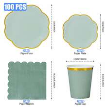 25件套鼠尾草绿金箔花瓣形一次性餐具套装，包含餐盘、餐巾纸和纸杯，适合25位客人使用，一次性纸盘，派对用品，适用于生日、婚礼、聚会、家庭野餐等场合。