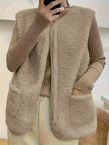 秋冬季仿羊羔绒背心，复古修身轻薄无袖女式外套，麂皮拼接