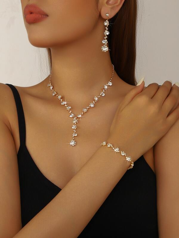 Elegant Bridal Wedding Jewelry Set, Classic Necklace, Earrings, Bracelet, Ring 4-Piece Set, Minimalist And Versatile For Daily, Party, Event Wear