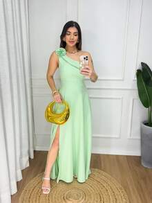 Long Dress With Zero Sleeves And Flower Detail On The Sleeve In Wedding Fabric - 橄欖綠 - 查看 2