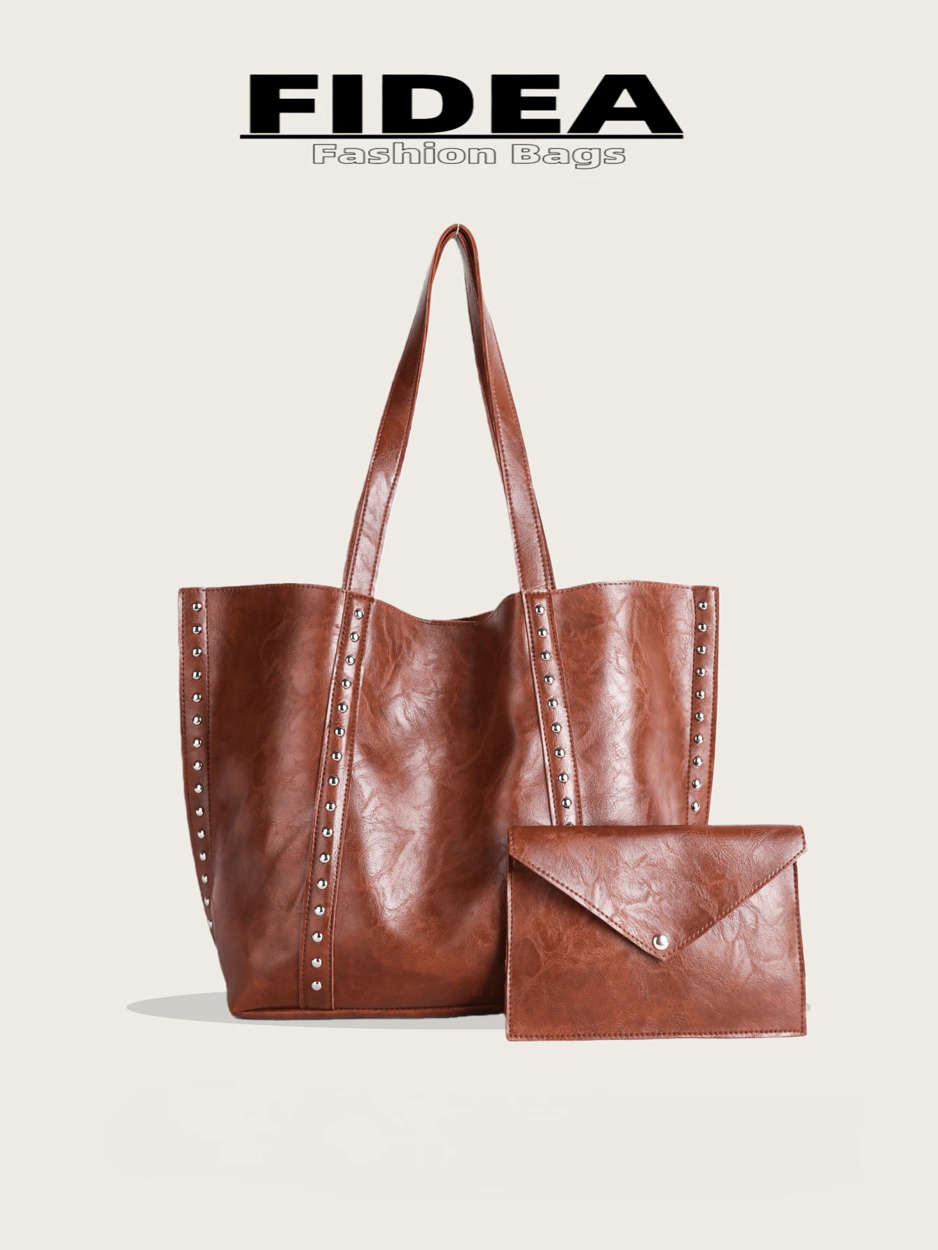 Bolso de hombro de gran capacidad de moda para mujer, bolso versátil de alta calidad con remaches de unicolor vintage elegante, adecuado para viajes, compras, ir al trabajo - Marrón - Ver 1