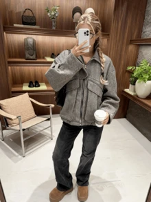 Herringbone Collar Loose Jacket, Daily Casual Minimalist Retro Coat For Women