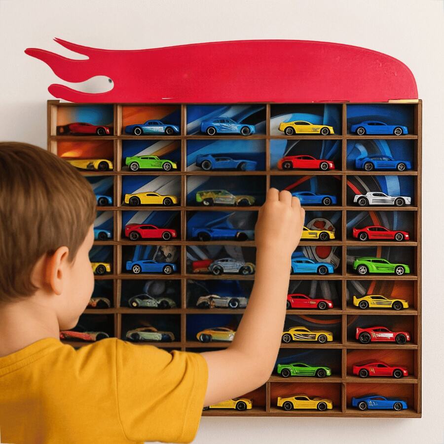 Paraiso MDF Group Brinquedo Expositor de Carrinhos Universal Carro Azul Fixo de Parede Em MDF Adesivado Infantil Coleção 50 Espaços