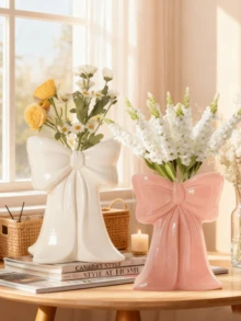 1PC Girly Bow - Shaped Flower Vase, These Elegant White & Pink Vases Are Perfect For Displaying Flowers On Dressing Tables, Living Rooms, Or Bedside Tables. Ideal For Adding A Sweet, Chic Touch To Feminine Home Decor.