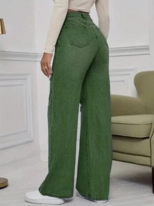 High Quality Casual Distressed Pocket Design Wide Leg Jeans - Dark Green - View 3