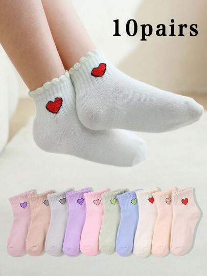 10 pares de meias curtas de renda com estampa de coração para meninas, ideais para uso casual diário, adequadas para todas as estações (primavera, verão, outono e inverno).