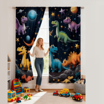 1 Set/2 piezas Cortinas con estampado de dinosaurio, Material 100% Poliéster con protección UV y semioscurecimiento, con diseño impreso de dinosaurios de dibujos animados y estrellas coloridas
