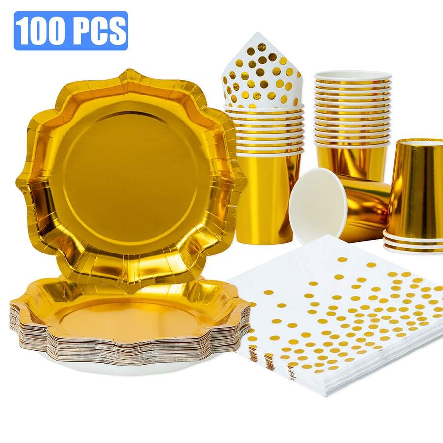 100/75/25/10入 金色花瓣形一次性派對餐具套組,金色花瓣形派對盤、杯子與餐巾紙套組,一次性紙杯、紙盤與餐巾紙,適用於週年慶、畢業典禮、生日派對裝飾金色派對用品 - 彩色 - 查看 1
