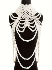 1pc Handmade Woven White Faux Pearl Necklace, Unisex Body Chain, Women's Beaded Necklace, Fashion Jewelry For Wedding, Party, Carnival, Runway Show, Gift - White - View 12