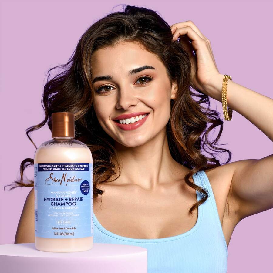 Shea Moisture Shampoo para rizos repara hidrata revitaliza cabello rizado seco quebradizo con miel manuka y yogur botella 384ml fórmula natural suaviza definición brillo cuidado capilar - Celeste - Ver 1