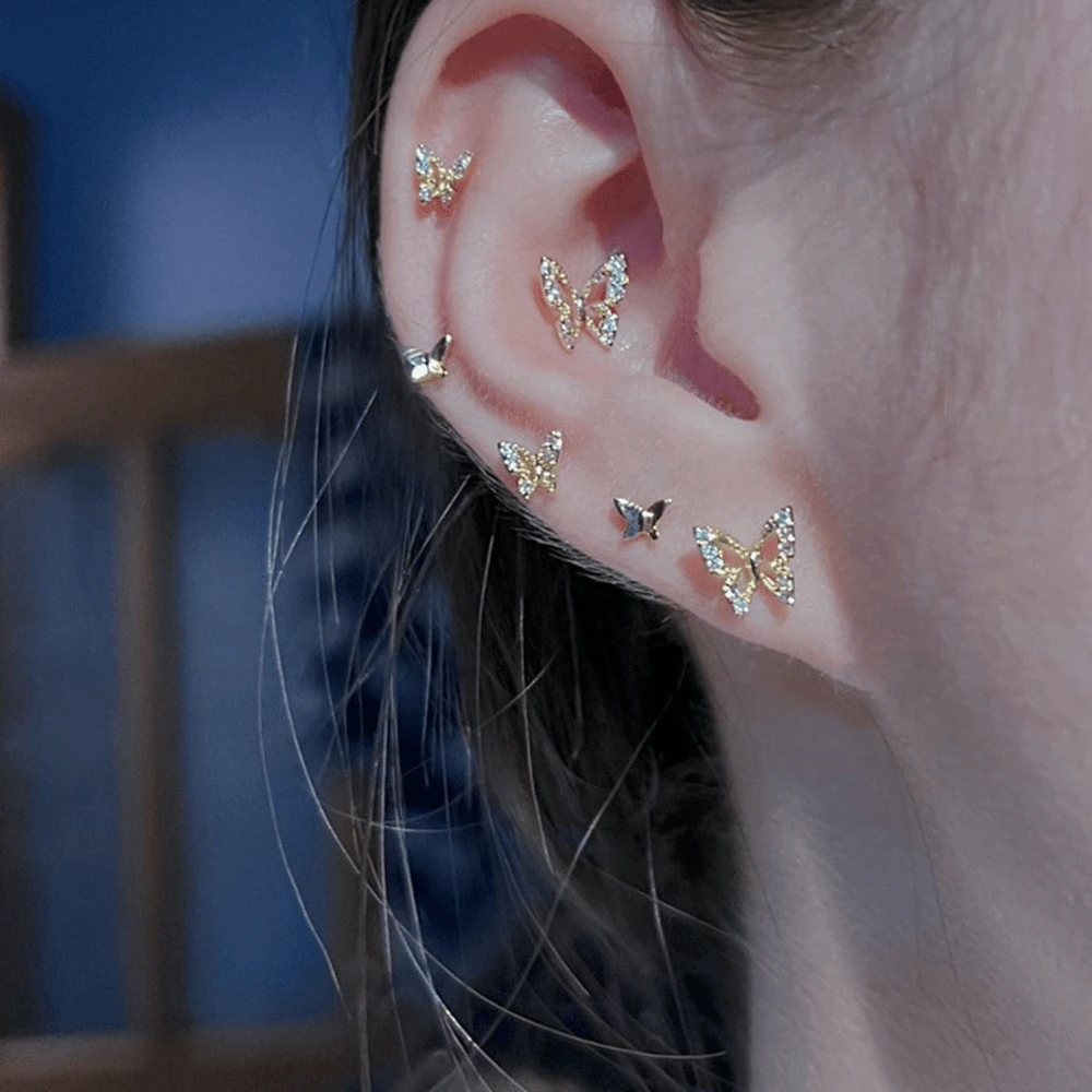 6pcs Super Elegant Butterfly & Minimalist Designer Stud Earrings, Suitable For Daily Wear - 金色立體蝴蝶六件套 - 查看 1