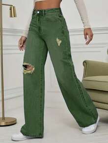 High Quality Casual Distressed Pocket Design Wide Leg Jeans - Dark Green - View 5