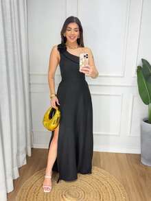 Long, Sleeveless Dress With Flower Detail On The Sleeve, Suitable For Weddings, Christmas, New Year's, And Parties. - 黑色 - 查看 2