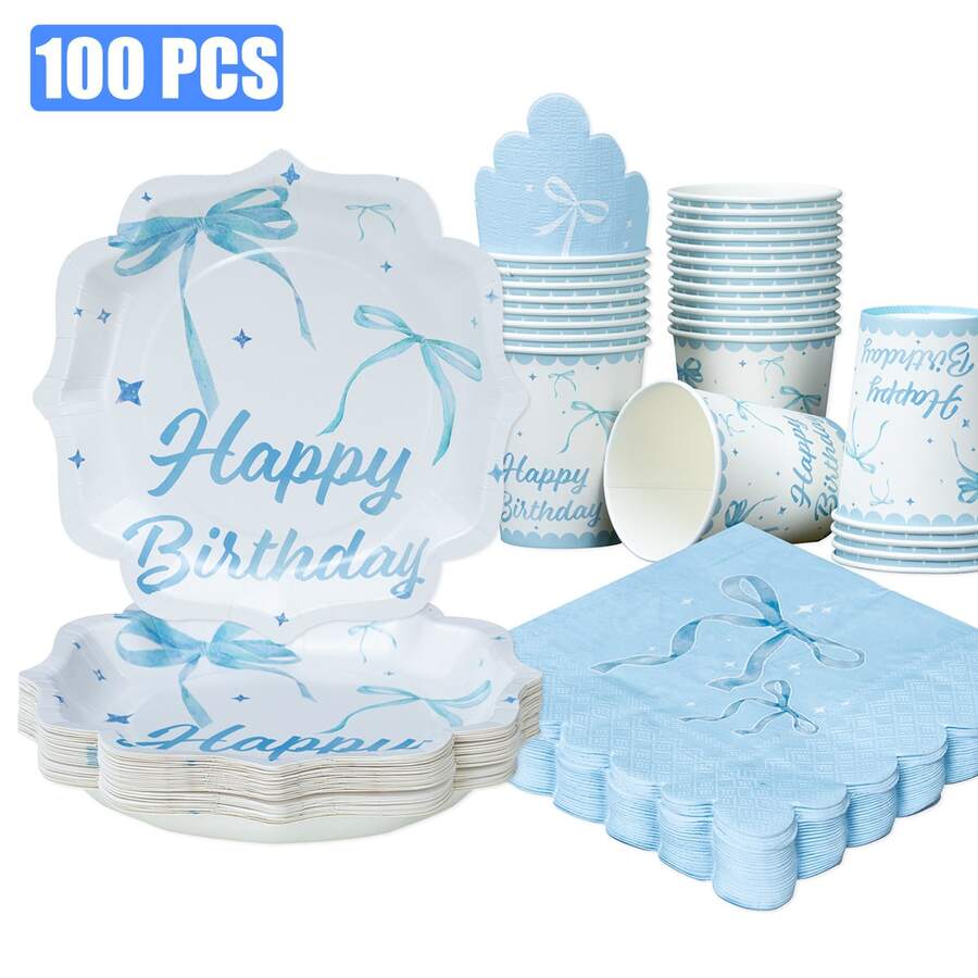 100/25/10 chiếc Đĩa Khăn Giấy Cốc dùng một lần hình cánh hoa nơ xanh Chúc mừng sinh nhật, Đĩa Khăn Giấy Cốc hình cánh hoa nơ xanh Chúc mừng sinh nhật Đồ dùng tiệc, Phù hợp cho 25 khách, Đĩa giấy dùng một lần Đồ dùng bàn tiệc Phù hợp cho tiệc sinh nhật đám cưới tiệc gia đình dã ngoại - Nhiều màu - Xem 1