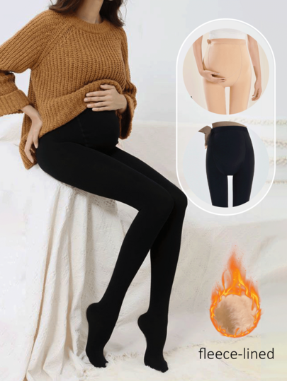 Medias forradas de felpa con cintura elástica de unicolor para mujeres embarazadas, otoño/invierno
