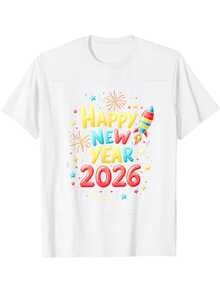 Camiseta de fiesta de Nochevieja para hombres 2026 - Diseño de fuegos artificiales y confeti de Feliz Año Nuevo con número 2026 - Camiseta casual de cuello redondo y manga corta en rojo y multicolor para celebraciones de Año Nuevo y atuendo casual - Ropa festiva para hombres adultos - Blanco - Ver 7