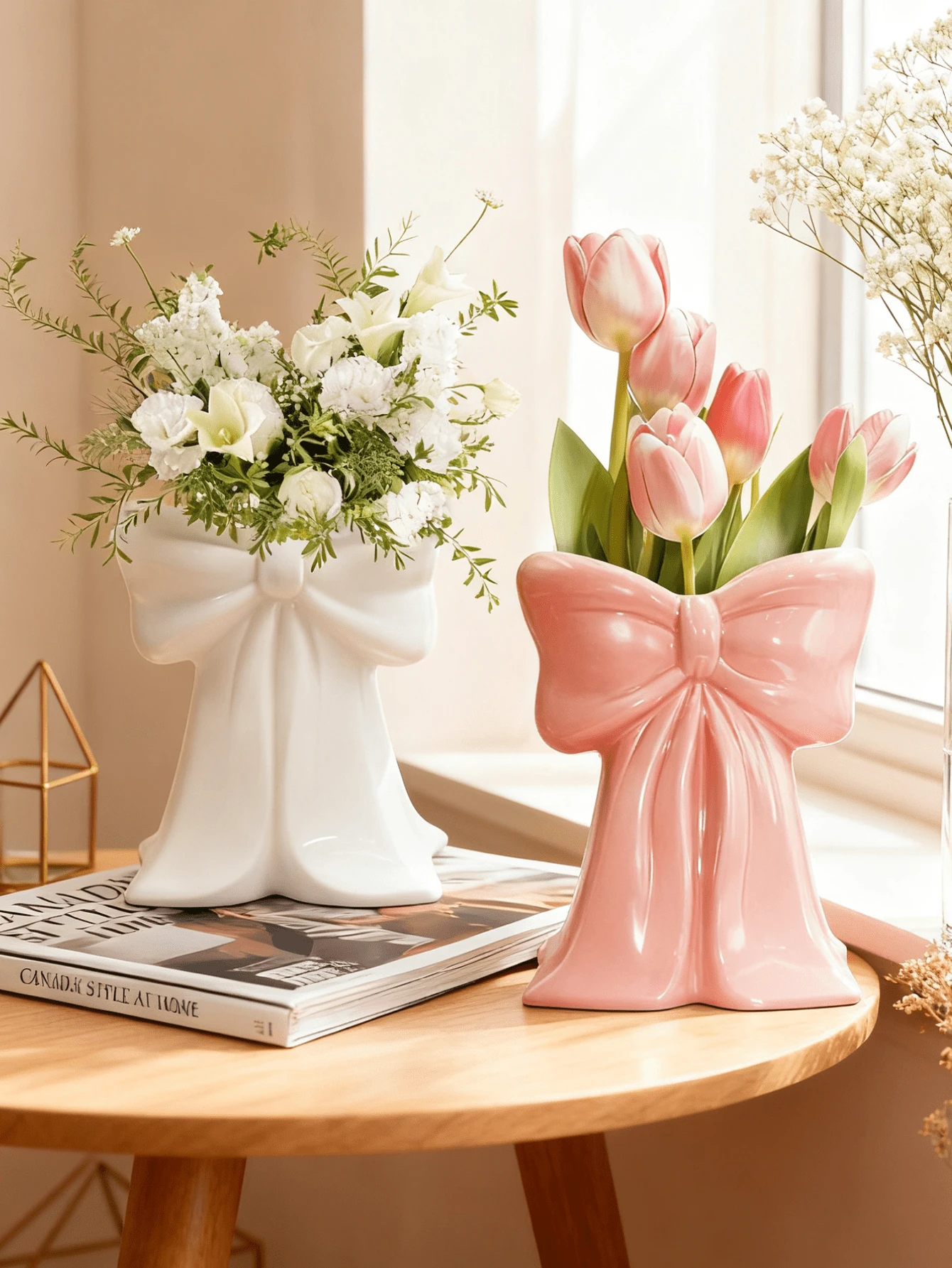 1PC Girly Bow - Shaped Flower Vase, These Elegant White & Pink Vases Are Perfect For Displaying Flowers On Dressing Tables, Living Rooms, Or Bedside Tables. Ideal For Adding A Sweet, Chic Touch To Feminine Home Decor.
