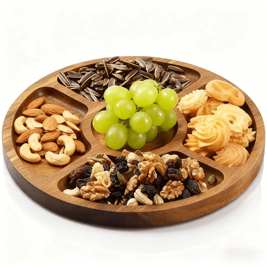 1 pieza Bandeja de servir de madera de palo de rosa, tabla de quesos de moda, bandeja de café, diseño de grano de madera natural resistente y duradero con múltiples compartimentos para aperitivos, frutas, apta para fiestas, decoración del hogar, cocina y comedor, bandeja de servir multifuncional para aperitivos, regalo navideño, bandeja de madera, decoración de la sala de estar, plato para comedor