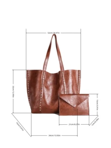 Bolso de hombro de gran capacidad de moda para mujer, bolso versátil de alta calidad con remaches de unicolor vintage elegante, adecuado para viajes, compras, ir al trabajo - Marrón - Ver 2