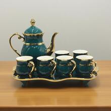 8pcs/6pcs European Style Porcelain Tea Set With Pearl Glaze - Green Ceramic Tea Pot And Sugar & Creamer Pitcher, Delicate Tea 6 Cups , Suitable For Daily Life